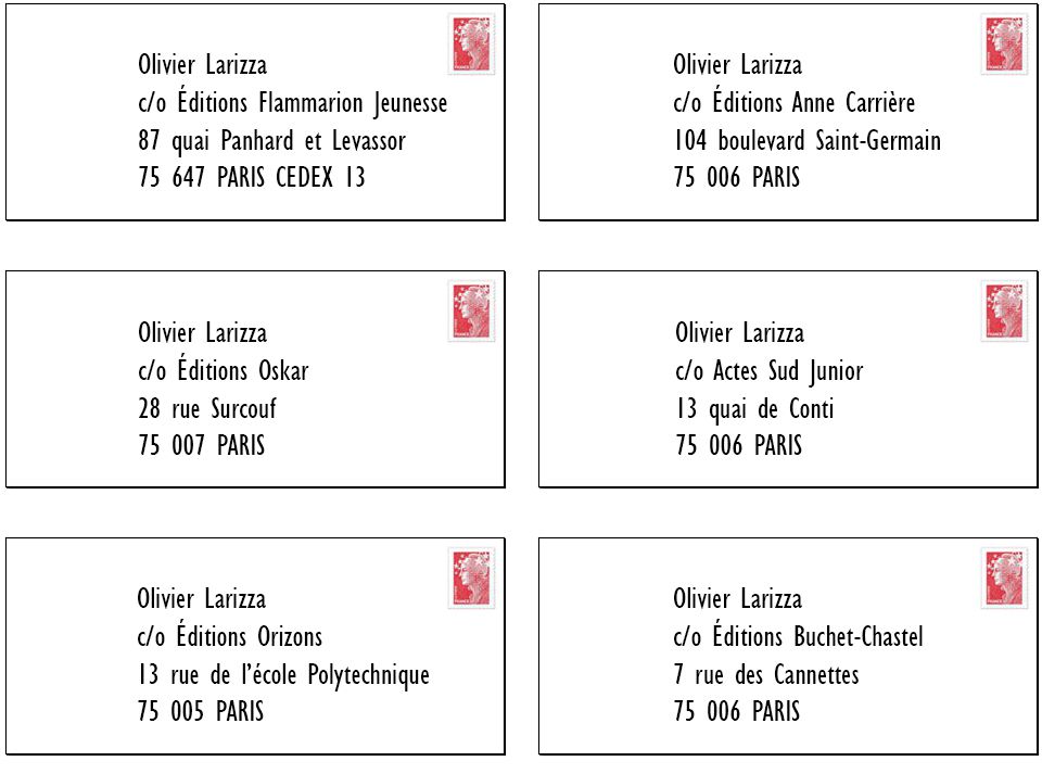 Adresses postales pour contacter Olivier Larizza
